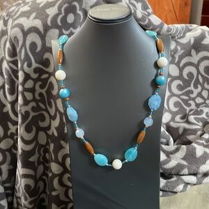 Blue Glass & Wooden Bead Necklace